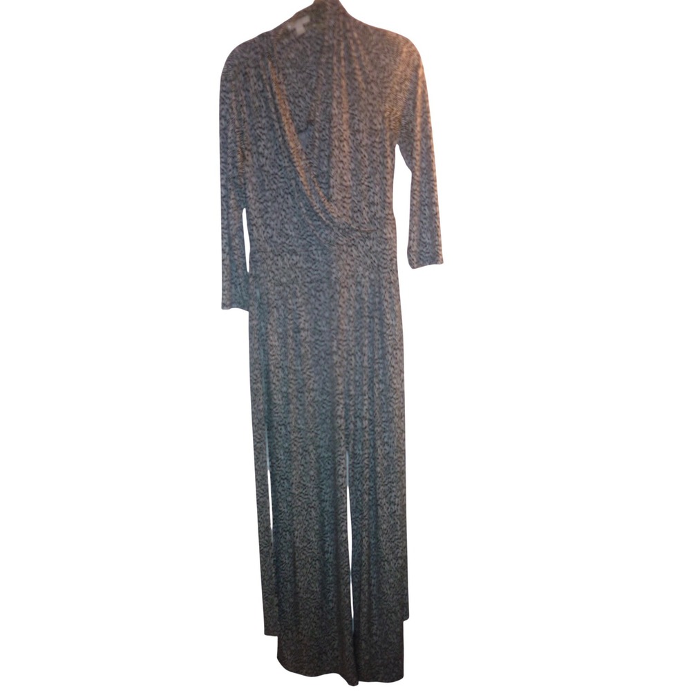 New York & Company Stretch Jumpsuit Black White Geometric Wrap Wide Leg Medium